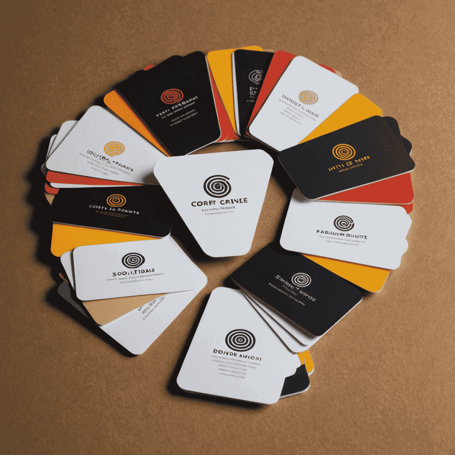 Verschiedene Geschäftskarten in einem fächerförmigen Layout, die die Vielfalt und Qualität unserer Produkte zeigen. Die Karten haben unterschiedliche Designs, von minimalistisch bis luxuriös, und zeigen verschiedene Drucktechniken wie Prägung, Foliendruck und UV-Lack.