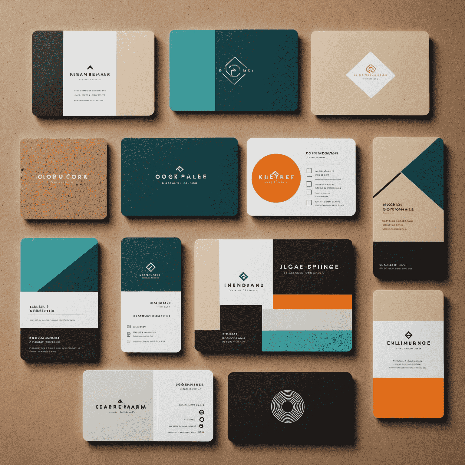 Collage von modernen Visitenkarten mit verschiedenen Designs, darunter minimalistische Layouts, lebendige Farbschemata und unkonventionelle Materialien