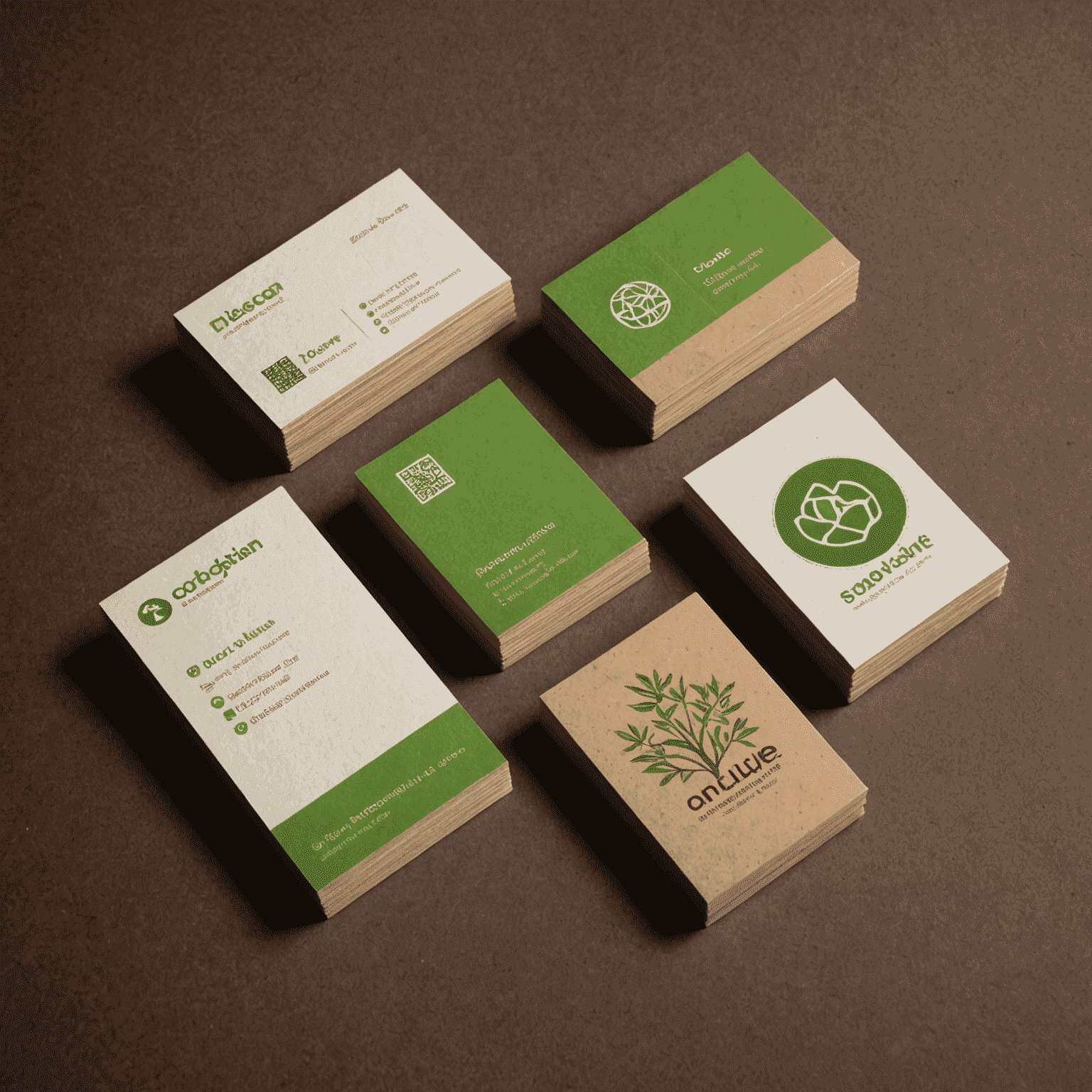 Verschiedene umweltfreundliche Materialien für Visitenkarten, darunter Recyclingpapier, Bambus und Samenpapier, ansprechend angeordnet