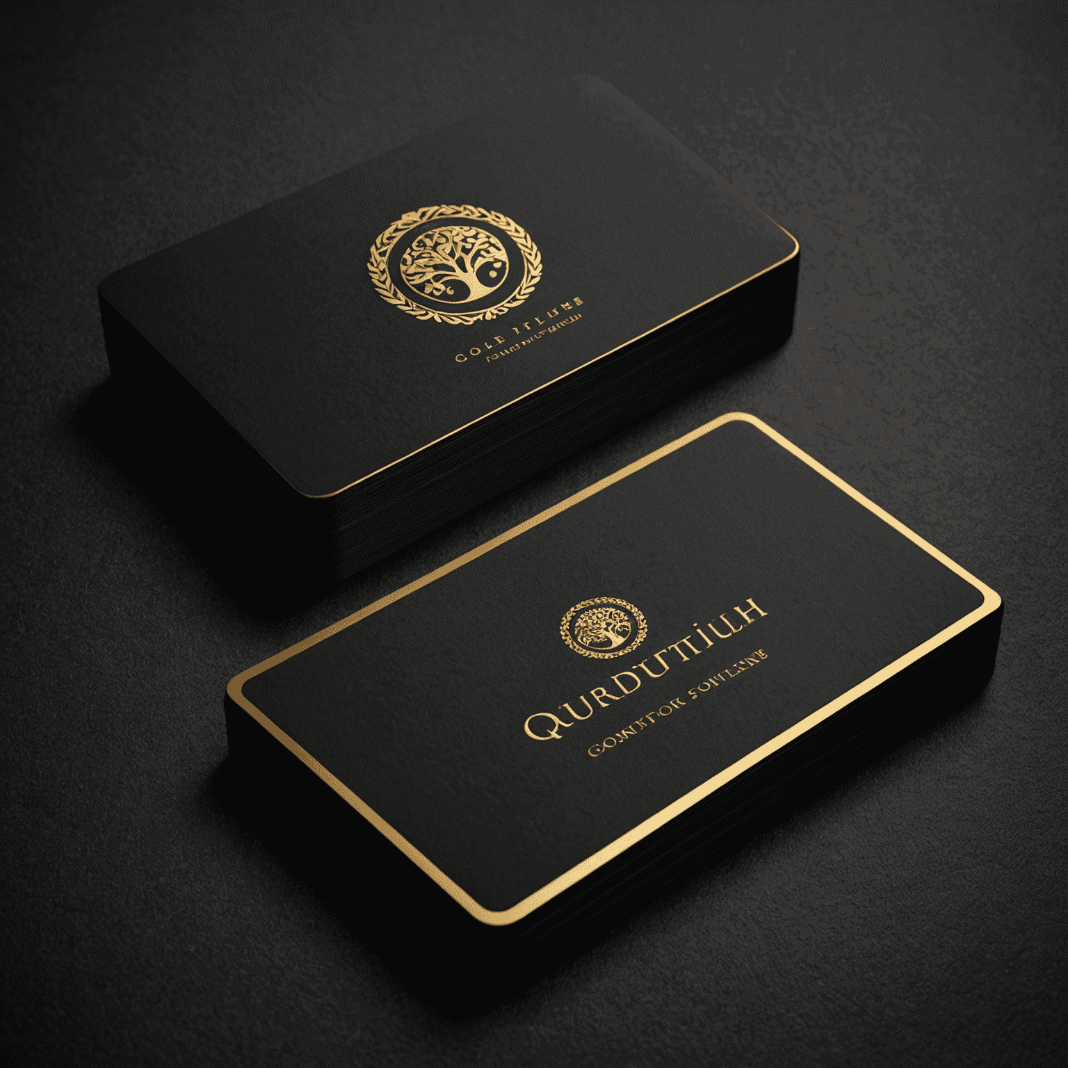 Elegante Visitenkarten mit goldenem Logo auf schwarzem Hintergrund, perfekt für Luxusmarken und hochwertige Dienstleistungen