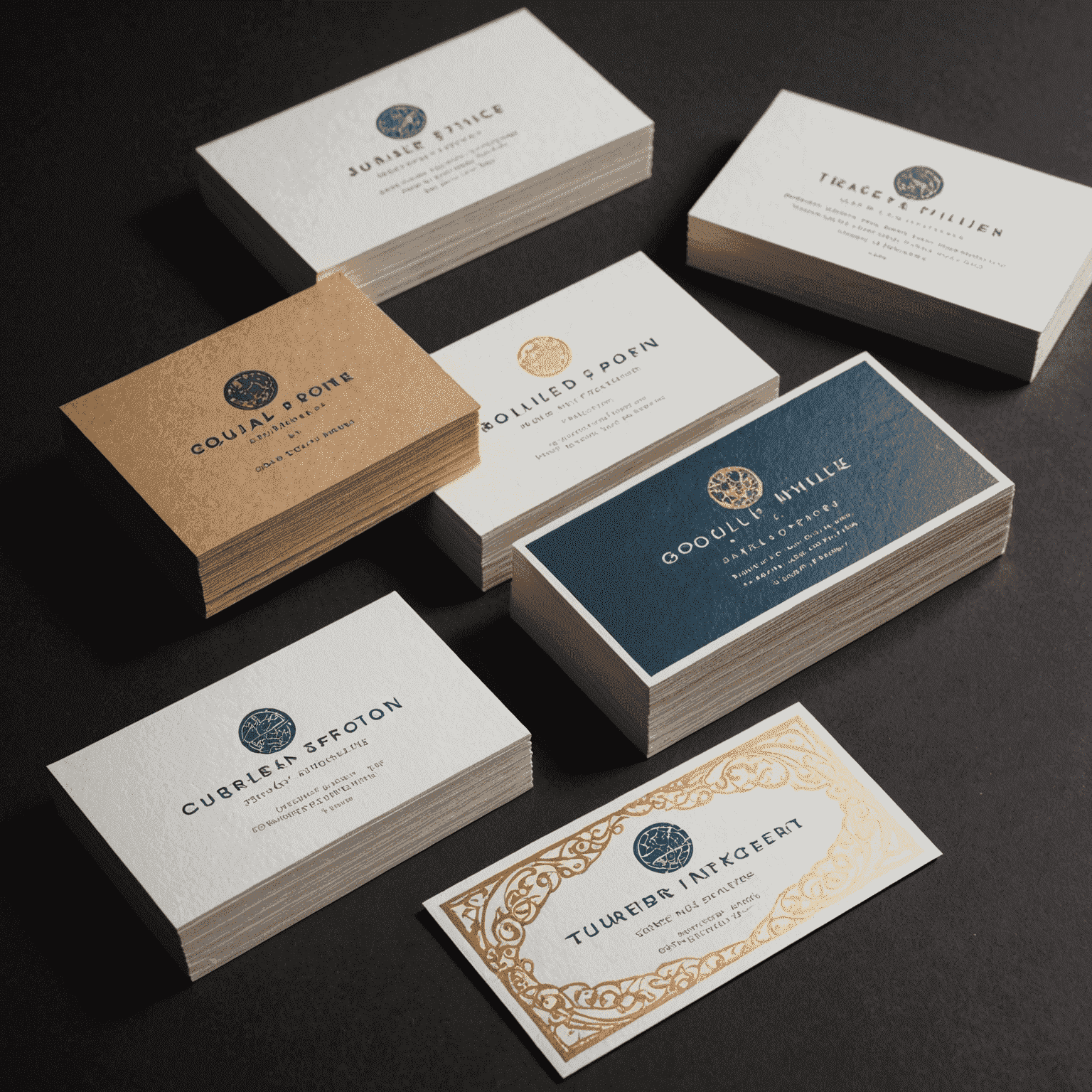 Verschiedene Drucktechniken und Materialien für Geschäftskarten, darunter Letterpress, Foliendruck und Spezialpapiere