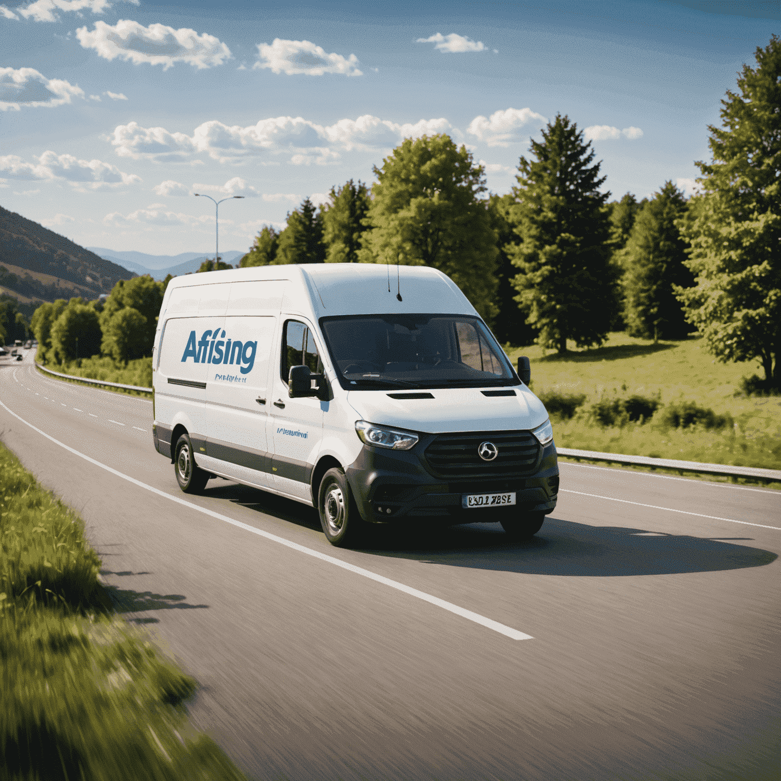 Schnelle Lieferung: Ein Lieferwagen mit dem Logo von afsinrag_ltd, der auf einer Autobahn fährt, um die schnelle Zustellung zu verdeutlichen