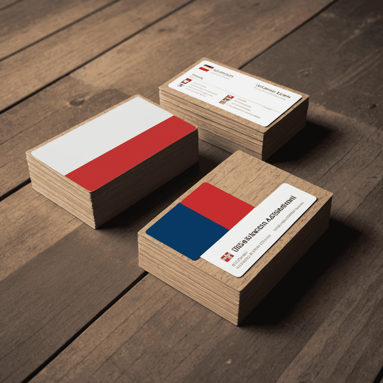 Umweltfreundliche Visitenkarten aus Recyclingpapier und Holz, mit österreichischer Flagge im Hintergrund