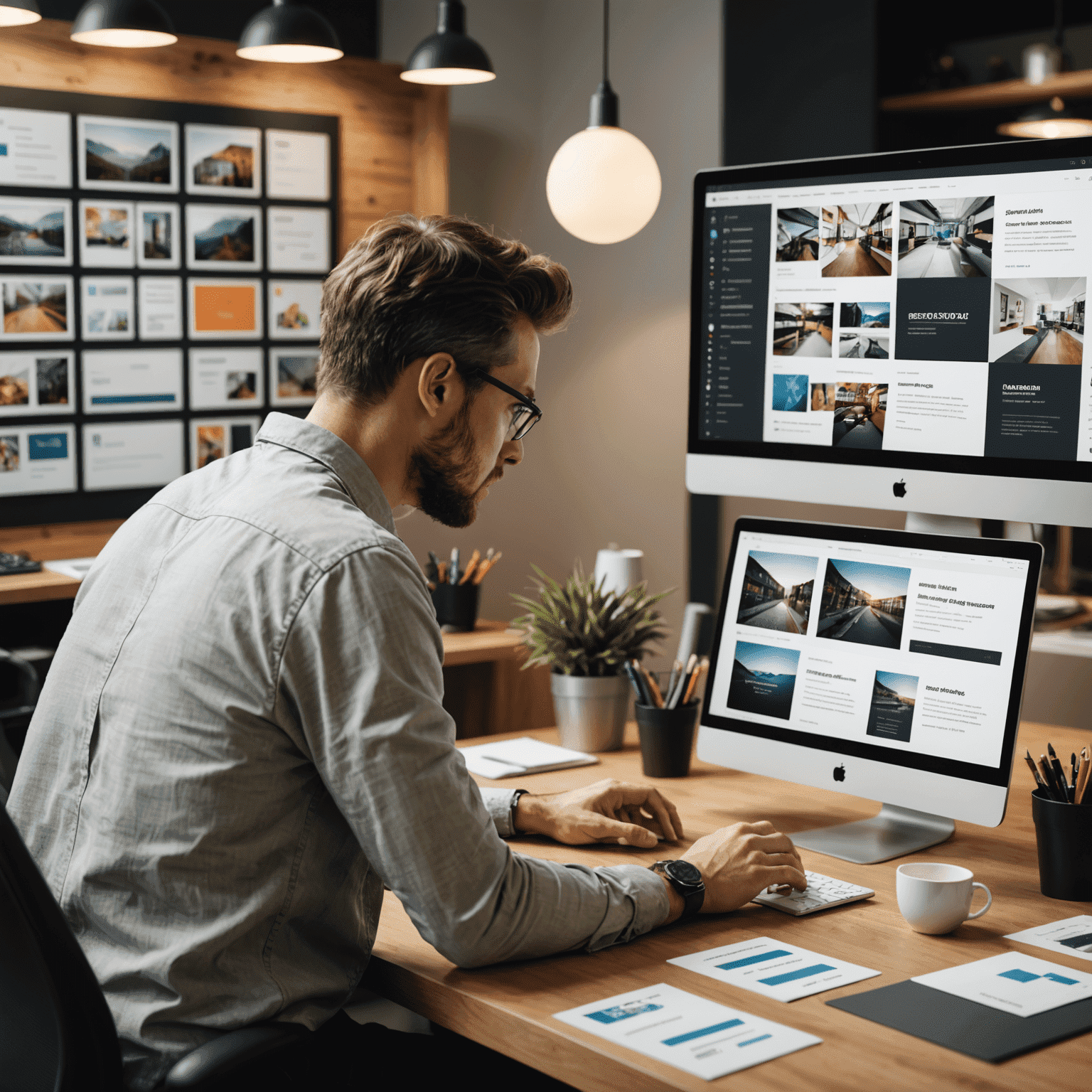 Digitaler Entwurfsprozess: Ein Designer arbeitet an einem Computerbildschirm mit mehreren geöffneten Visitenkarten-Designs