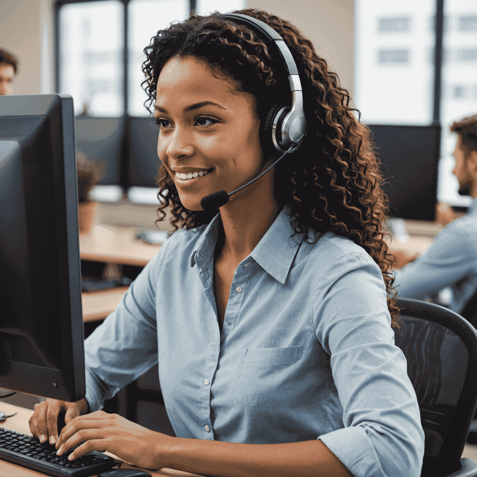 Kundenservice: Ein freundlicher Mitarbeiter mit Headset vor einem Computer, bereit, Kundenanfragen zu beantworten